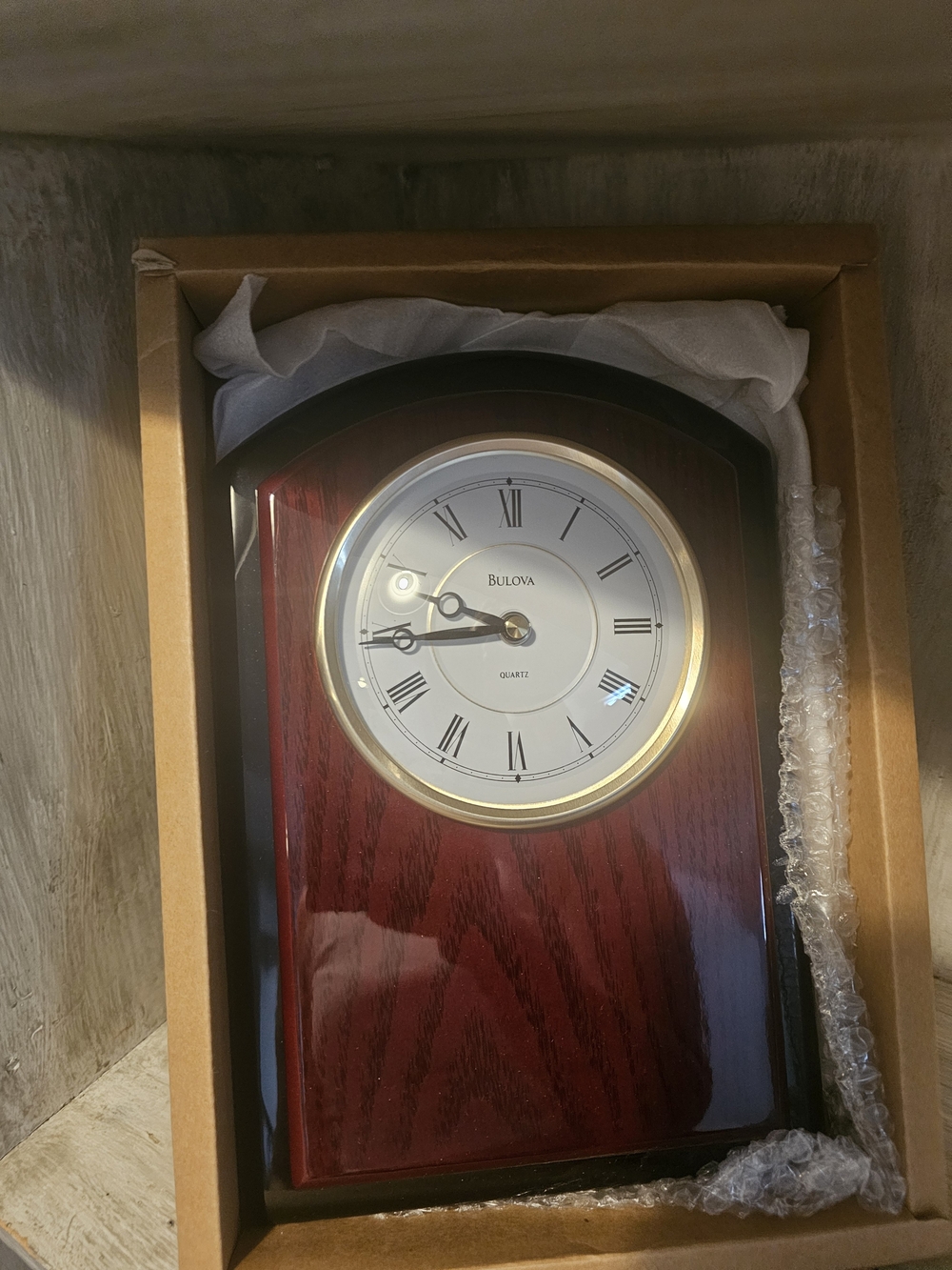 Bulova Rosewood Tone Mantel Clock with Gold Bezel